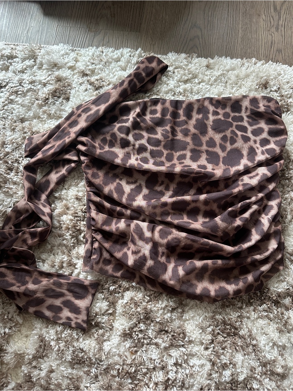 Strapless Leopard Print Ruched Tube Top w/ Scarf Tie
